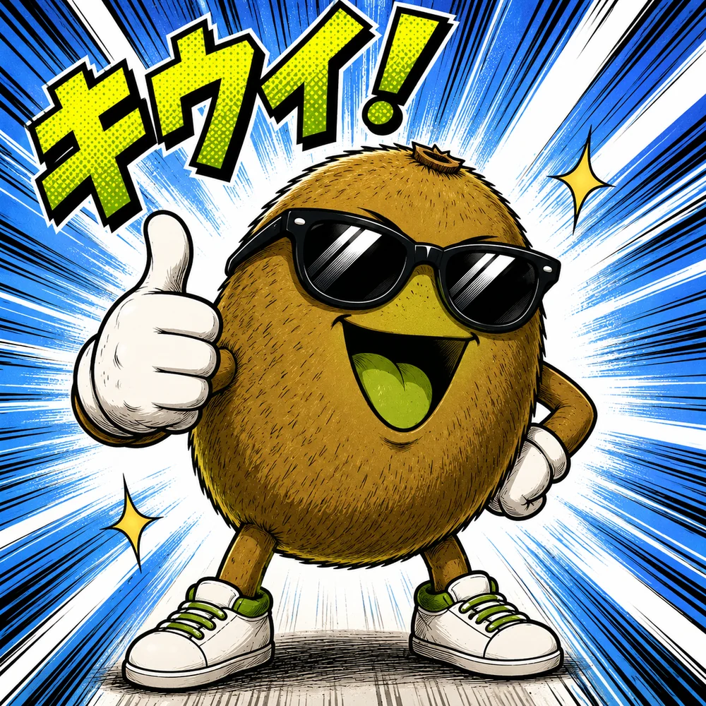 A kiwi fruit wearing sunglasses and white sneakers, grinning and giving a thumbs up, with キウイ! lettered behind it in speed lines.